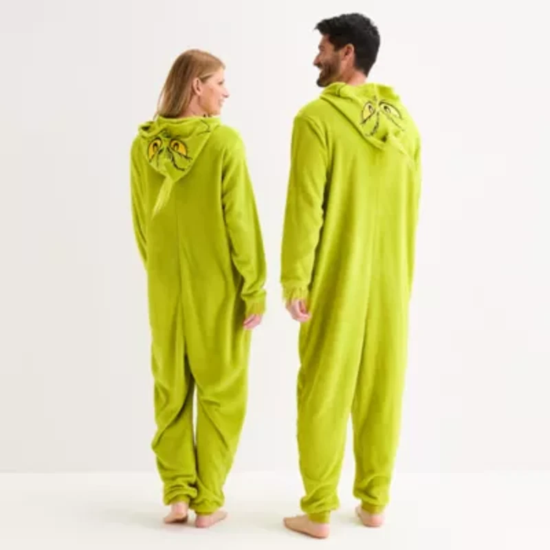 Unisex Adult Grinch Fleece Hooded Long Sleeve One Piece Pajama