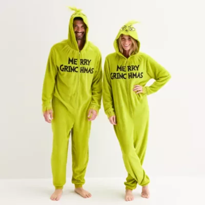 Unisex Adult Grinch Fleece Hooded Long Sleeve One Piece Pajama