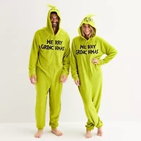 Unisex Adult Grinch Fleece Hooded Long Sleeve One Piece Pajama