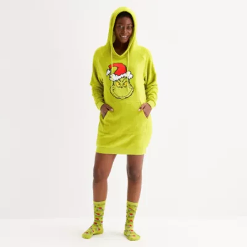 Womens Grinch Fleece Hooded Long Sleeve Nightshirt