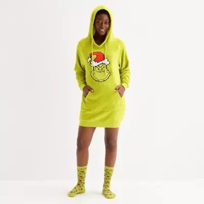 Womens Grinch Fleece Hooded Long Sleeve Nightshirt