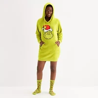 Womens Grinch Fleece Hooded Long Sleeve Nightshirt