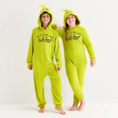 Little & Big Kid Unisex Grinch Fleece Hooded Long Sleeve One Piece Pajama