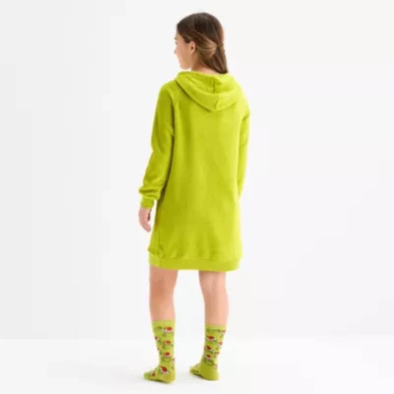 Little & Big Kid Girls Grinch Fleece Hooded Long Sleeve Nightshirt