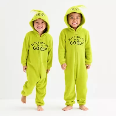 Toddler Unisex Grinch Fleece Hooded Long Sleeve One Piece Pajama