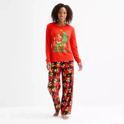 Womens Grinch Microfleece Crew Neck Long Sleeve 2-pc. Pajama Sets