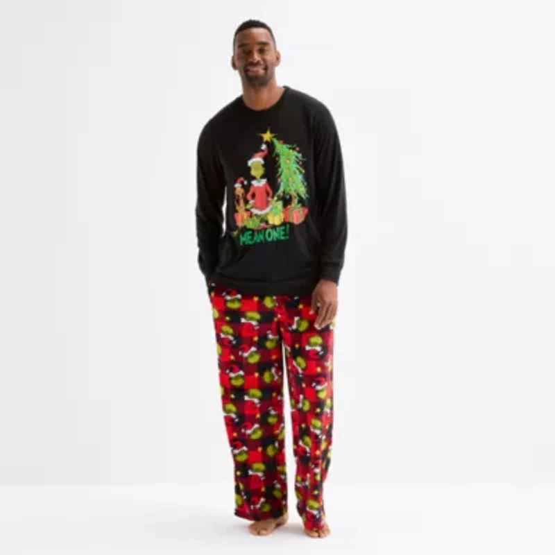 Mens Grinch Microfleece Crew Neck Long Sleeve 2-pc. Pajama Sets