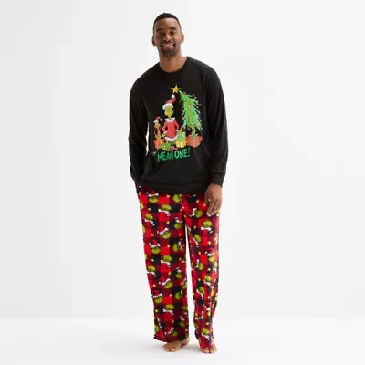 Mens Grinch Microfleece Crew Neck Long Sleeve 2-pc. Pajama Sets