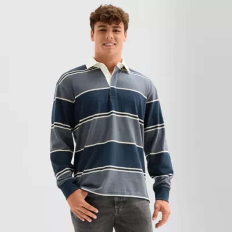 Arizona Mens Long Sleeve Regular Fit Spread Collar Striped Rugby Shirt
