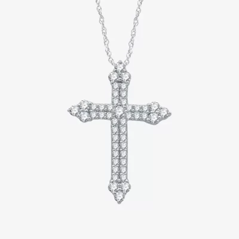 H-I / I1) Womens 1 CT. T.W. Lab Grown Diamond 10K White Gold Cross 18 Inch Pendant Necklace
