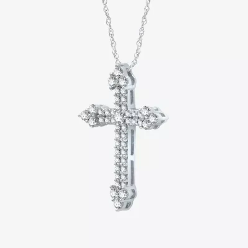 H-I / I1) Womens 1 CT. T.W. Lab Grown Diamond 10K White Gold Cross 18 Inch Pendant Necklace