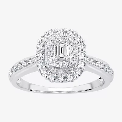 Signature By Modern Bride Womens 1/2 CT. T.W. Natural White Diamond 14K Gold Side Stone Halo Engagement Ring