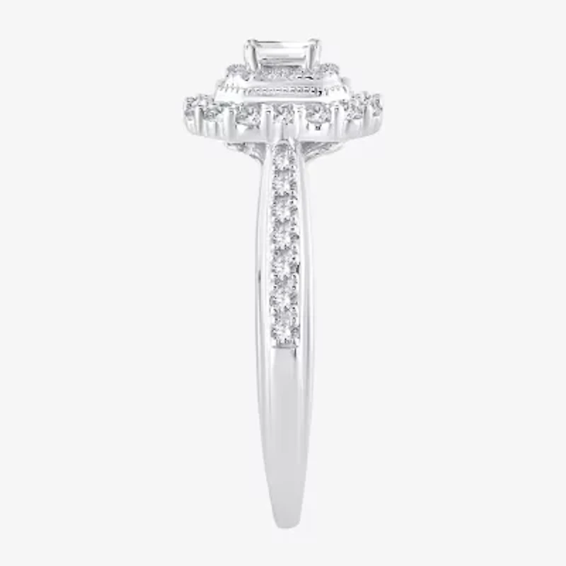 Signature By Modern Bride Womens 1/2 CT. T.W. Natural White Diamond 14K Gold Side Stone Halo Engagement Ring