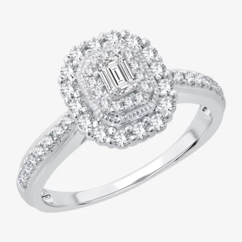 Signature By Modern Bride Womens 1/2 CT. T.W. Natural White Diamond 14K Gold Side Stone Halo Engagement Ring