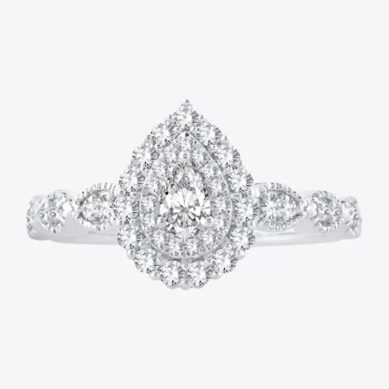 Signature By Modern Bride Womens 1/2 CT.T.W. Natural Diamond 10K or 14K White Gold Pear Side Stone Halo Engagement Ring