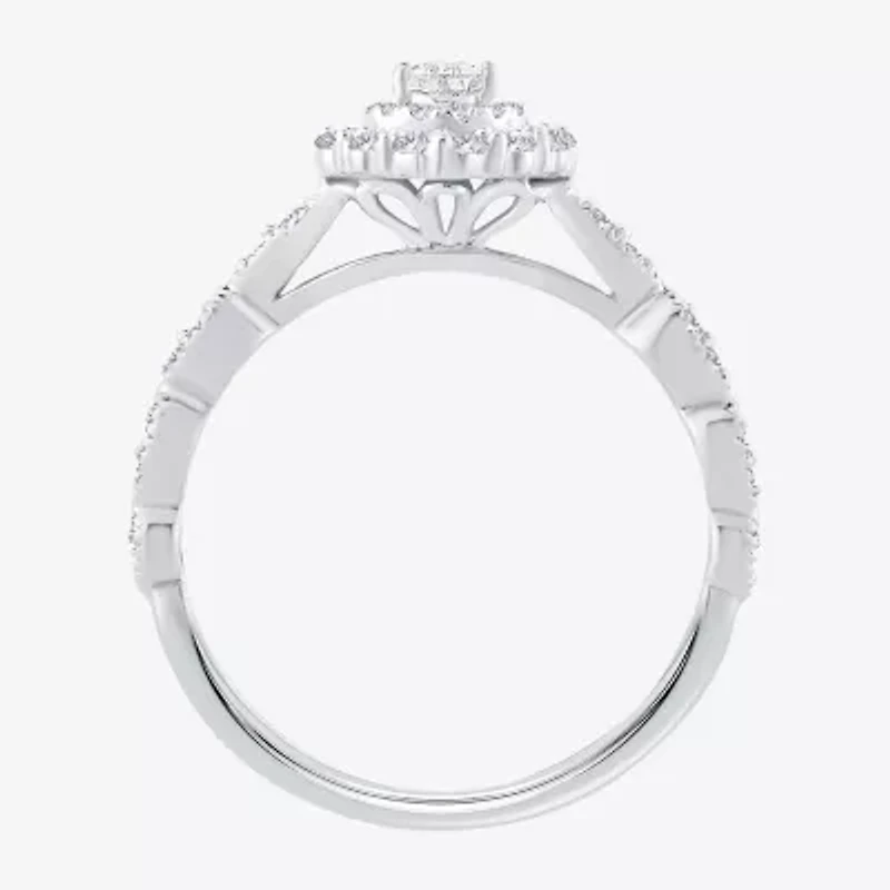 Signature By Modern Bride Womens 1/2 CT.T.W. Natural Diamond 10K or 14K White Gold Pear Side Stone Halo Engagement Ring