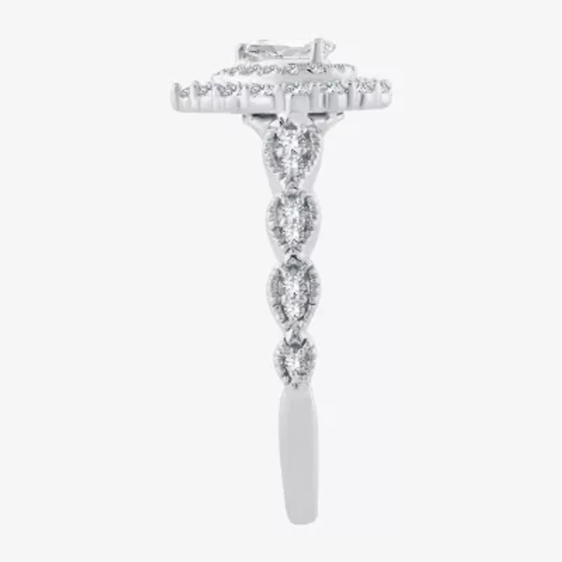 Signature By Modern Bride Womens 1/2 CT.T.W. Natural Diamond 10K or 14K White Gold Pear Side Stone Halo Engagement Ring