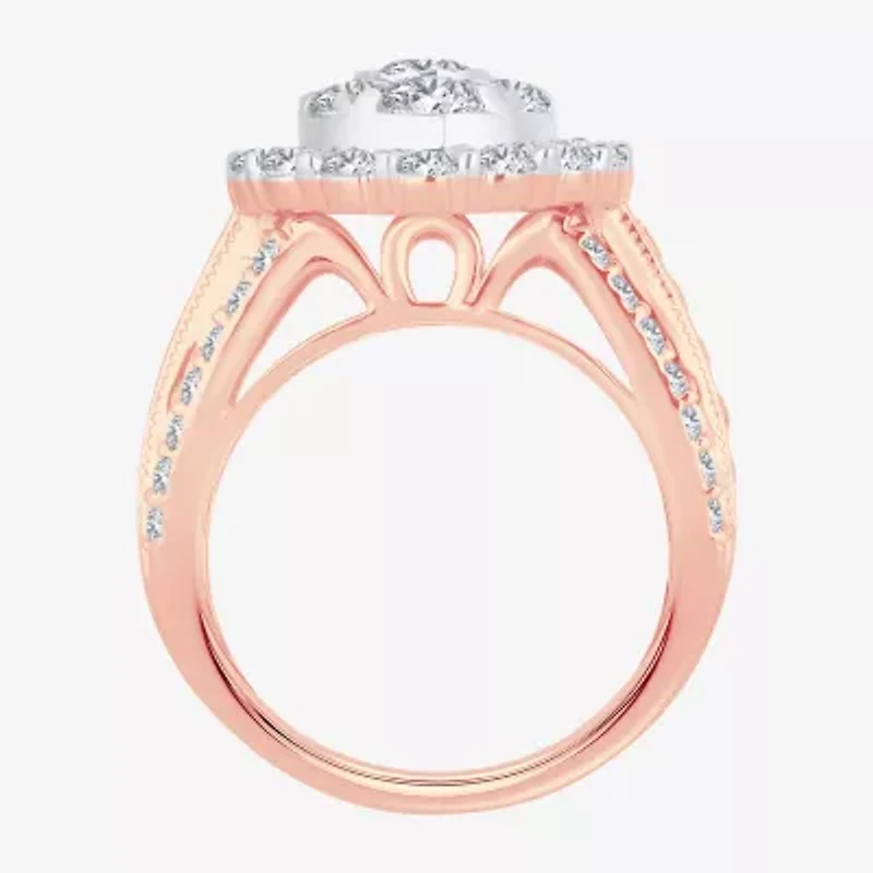 (I / Si1-Si2) Womens 3 CT. T.W. Lab Grown White Diamond 10K Gold Pear Side Stone Halo Engagement Ring