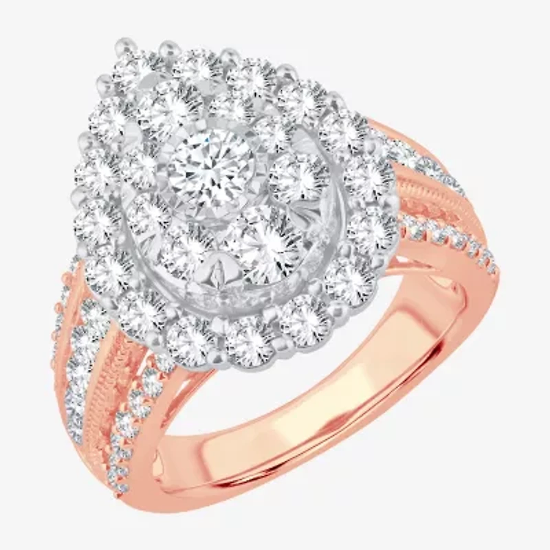 (I / Si1-Si2) Womens 3 CT. T.W. Lab Grown White Diamond 10K Gold Pear Side Stone Halo Engagement Ring