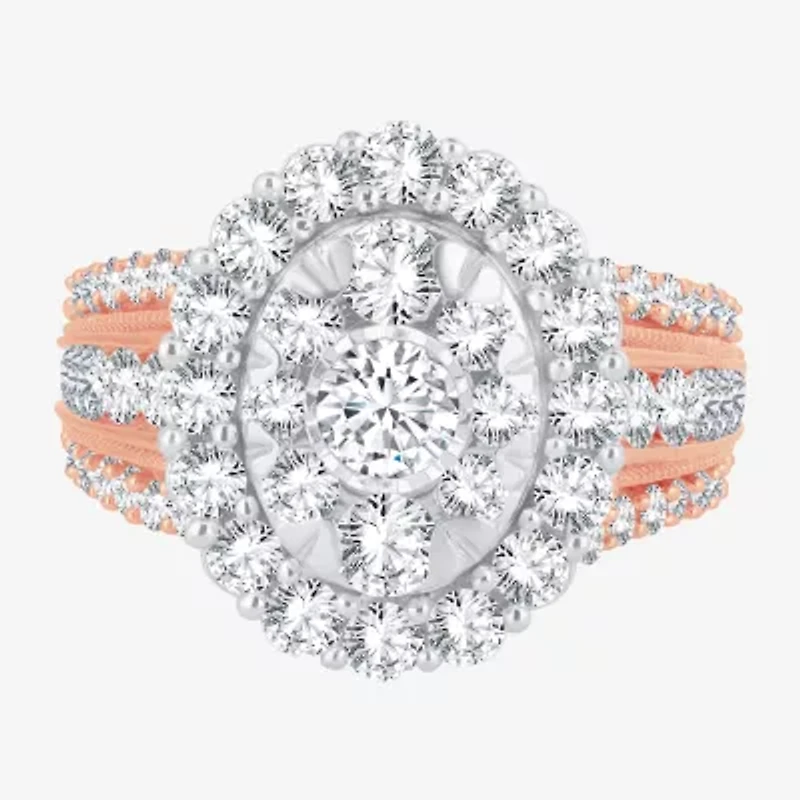 (I / Si1-Si2) Womens 3 CT. T.W. Lab Grown White Diamond 10K Gold Oval Side Stone Halo Engagement Ring