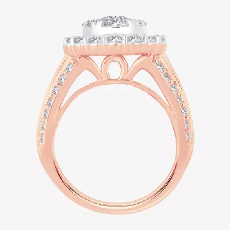 (I / Si1-Si2) Womens 3 CT. T.W. Lab Grown White Diamond 10K Gold Oval Side Stone Halo Engagement Ring