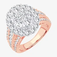 (I / Si1-Si2) Womens 3 CT. T.W. Lab Grown White Diamond 10K Gold Oval Side Stone Halo Engagement Ring