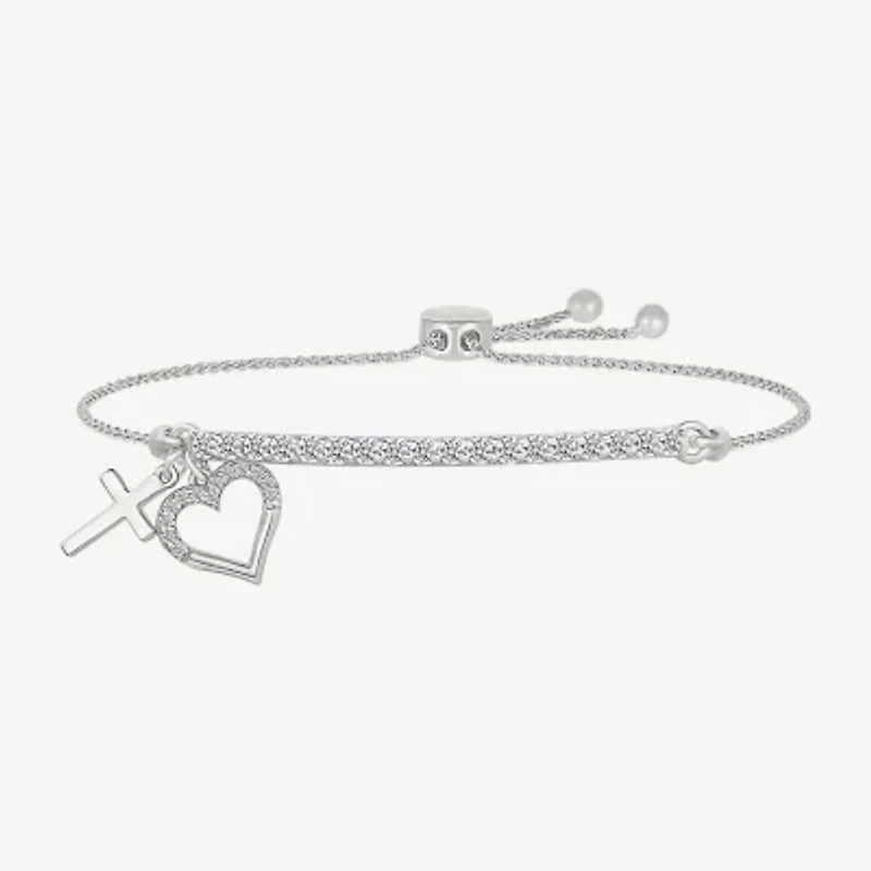 Womens Lab Created White Sapphire Sterling Silver Heart Bolo Bracelet