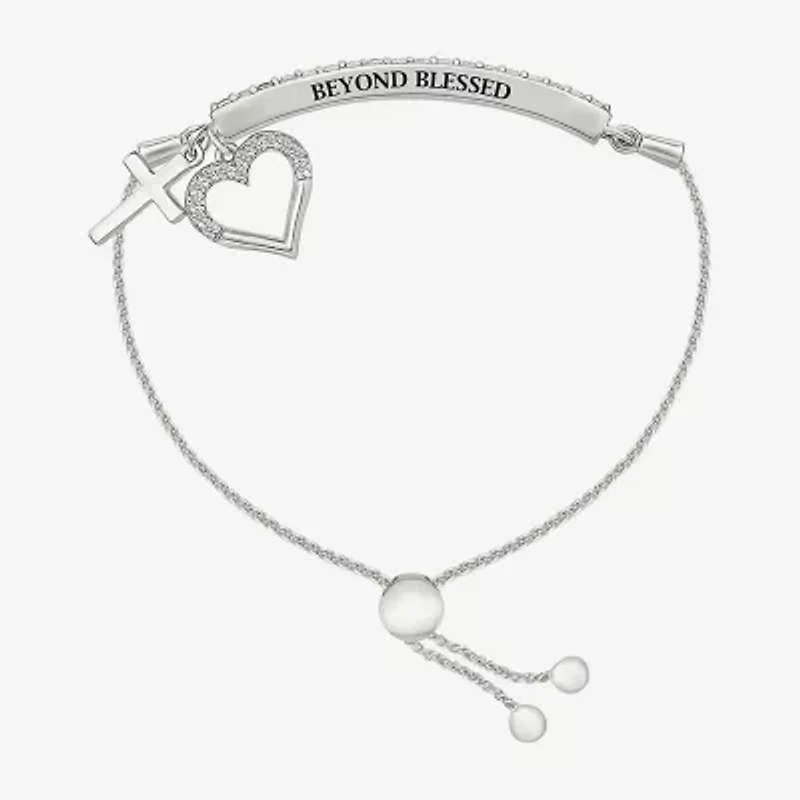 Womens Lab Created White Sapphire Sterling Silver Heart Bolo Bracelet