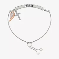 "Angel Wing" Womens Lab Created White Sapphire 10K Rose Gold Sterling Silver Cross Bolo Bracelet