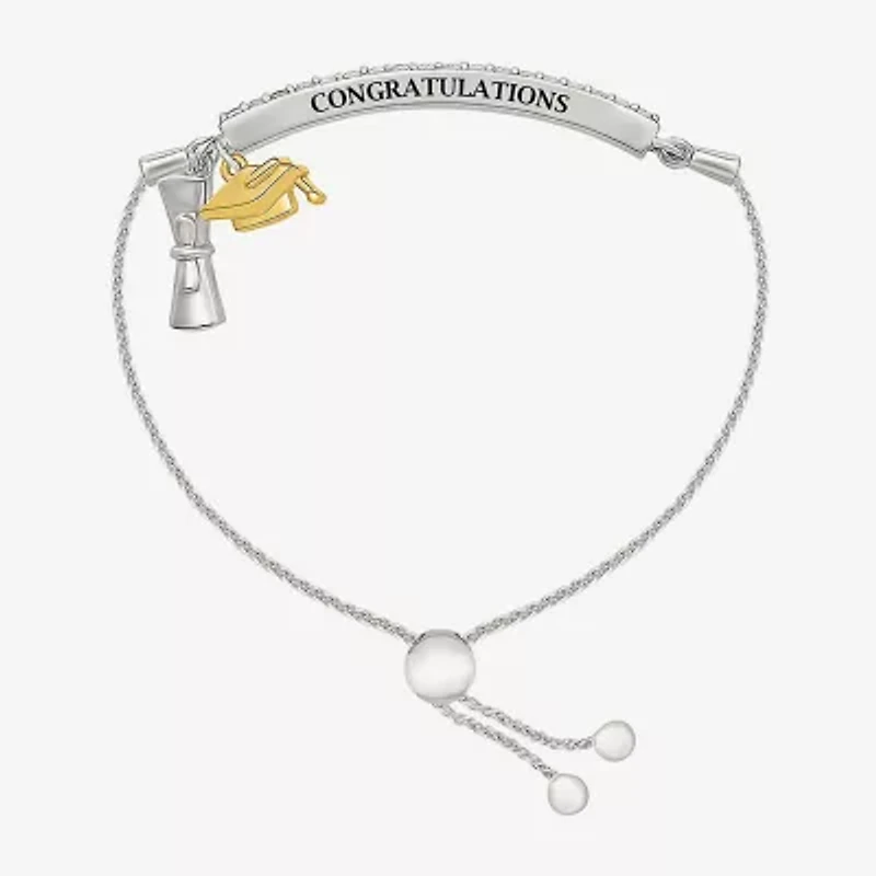 "Graduation Cap And Diploma" Womens Lab Created White Sapphire 10K Rose Gold Sterling Silver Bolo Bracelet