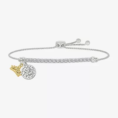 Womens Lab Created White Sapphire 10K Rose Gold Sterling Silver Crown Bolo Bracelet