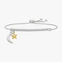 "Love The Journey" Womens Lab Created White Sapphire 10K Rose Gold Sterling Silver Moon Star Bolo Bracelet
