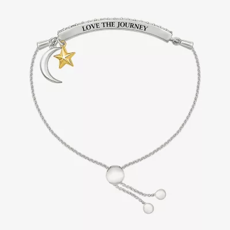 "Love The Journey" Womens Lab Created White Sapphire 10K Rose Gold Sterling Silver Moon Star Bolo Bracelet
