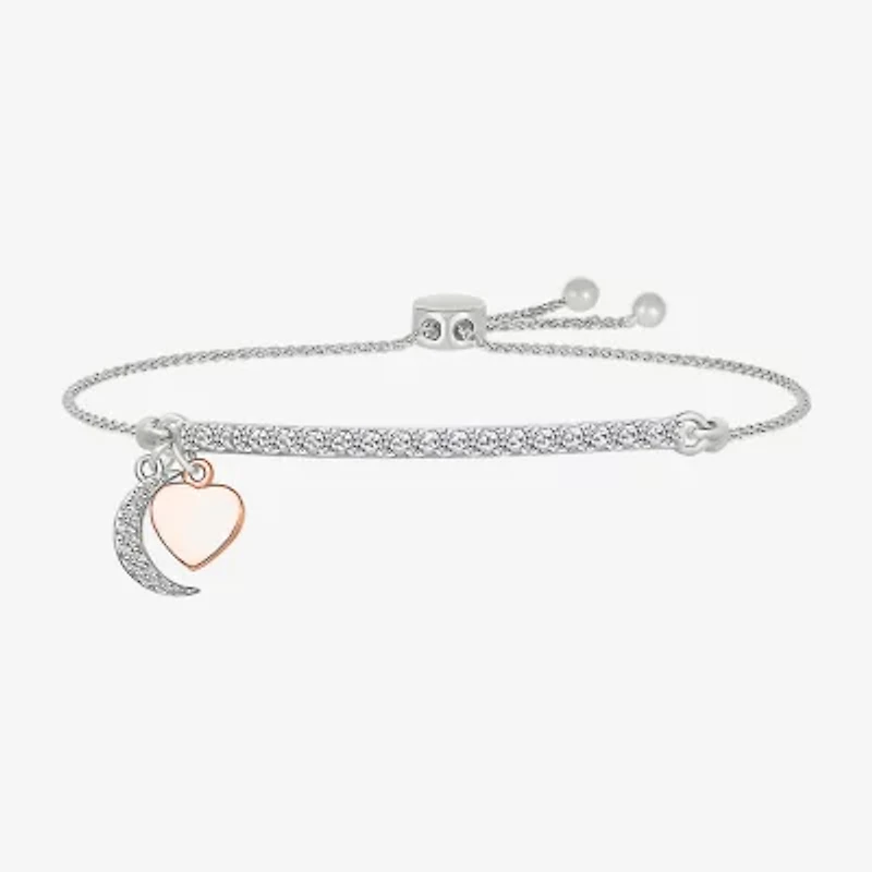 Womens Lab Created White Sapphire 10K Rose Gold Sterling Silver Heart Moon Bolo Bracelet