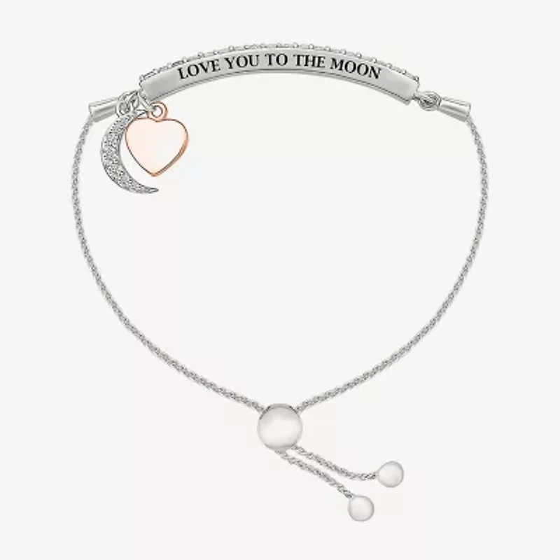 Womens Lab Created White Sapphire 10K Rose Gold Sterling Silver Heart Moon Bolo Bracelet