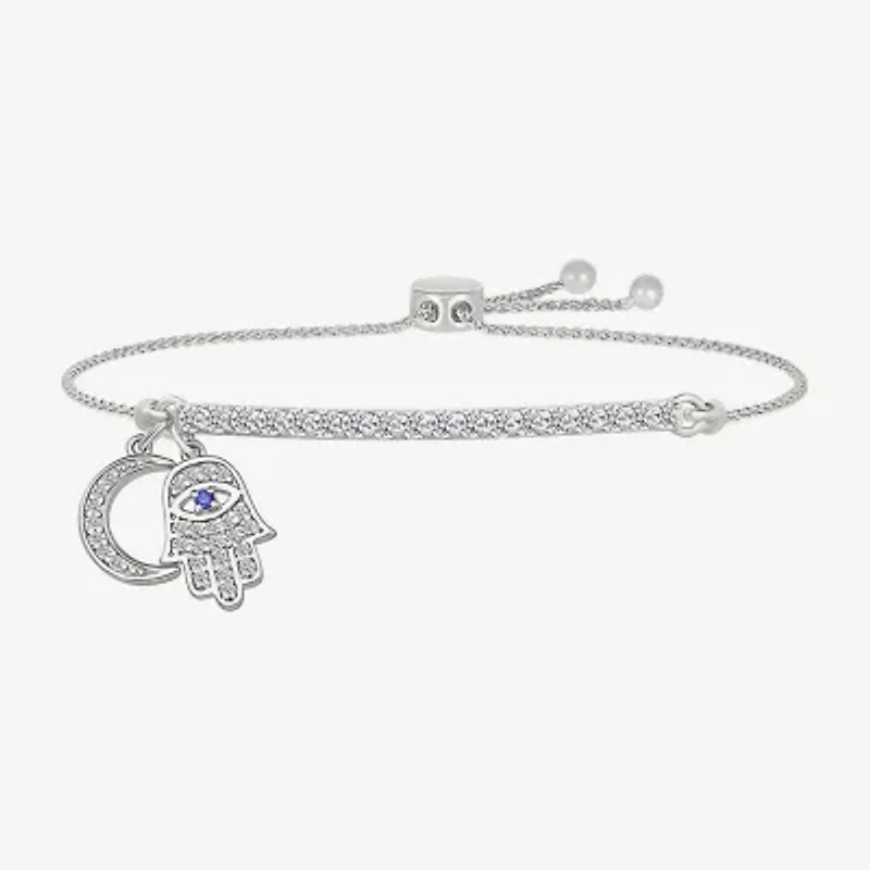 "Strong" Womens Lab Created Blue Sapphire Sterling Silver Hamsa Moon Bolo Bracelet