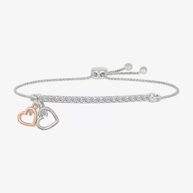Womens Lab Created White Sapphire 10K Rose Gold Sterling Silver Heart Bolo Bracelet