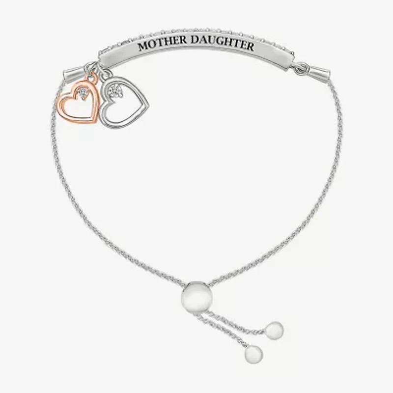 Womens Lab Created White Sapphire 10K Rose Gold Sterling Silver Heart Bolo Bracelet