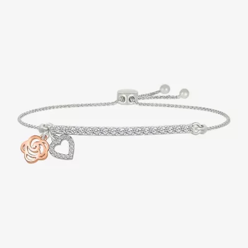 Womens Lab Created White Sapphire 10K Rose Gold Sterling Silver Flower Heart Bolo Bracelet