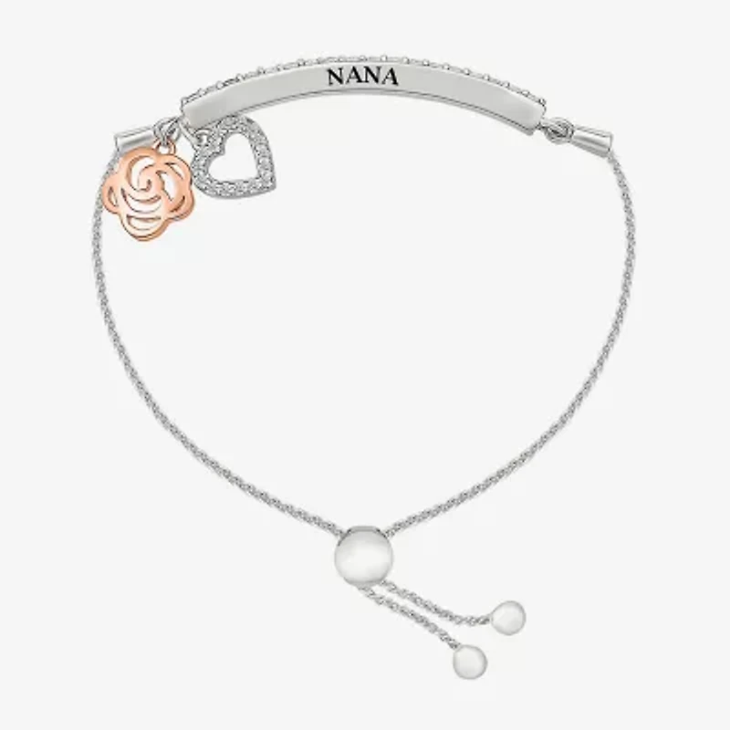 Womens Lab Created White Sapphire 10K Rose Gold Sterling Silver Flower Heart Bolo Bracelet