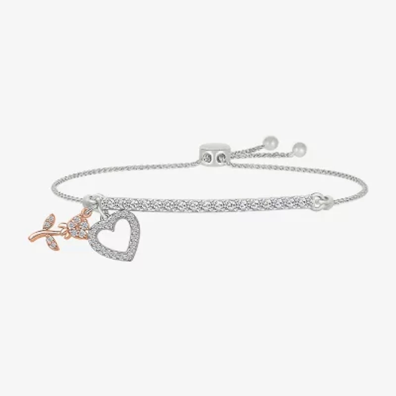 "Grandma" Womens Lab Created White Sapphire 10K Rose Gold Sterling Silver Flower Heart Bolo Bracelet