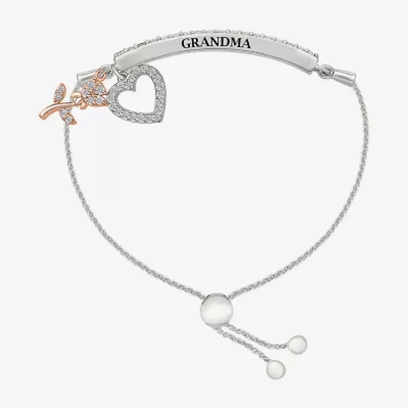 "Grandma" Womens Lab Created White Sapphire 10K Rose Gold Sterling Silver Flower Heart Bolo Bracelet