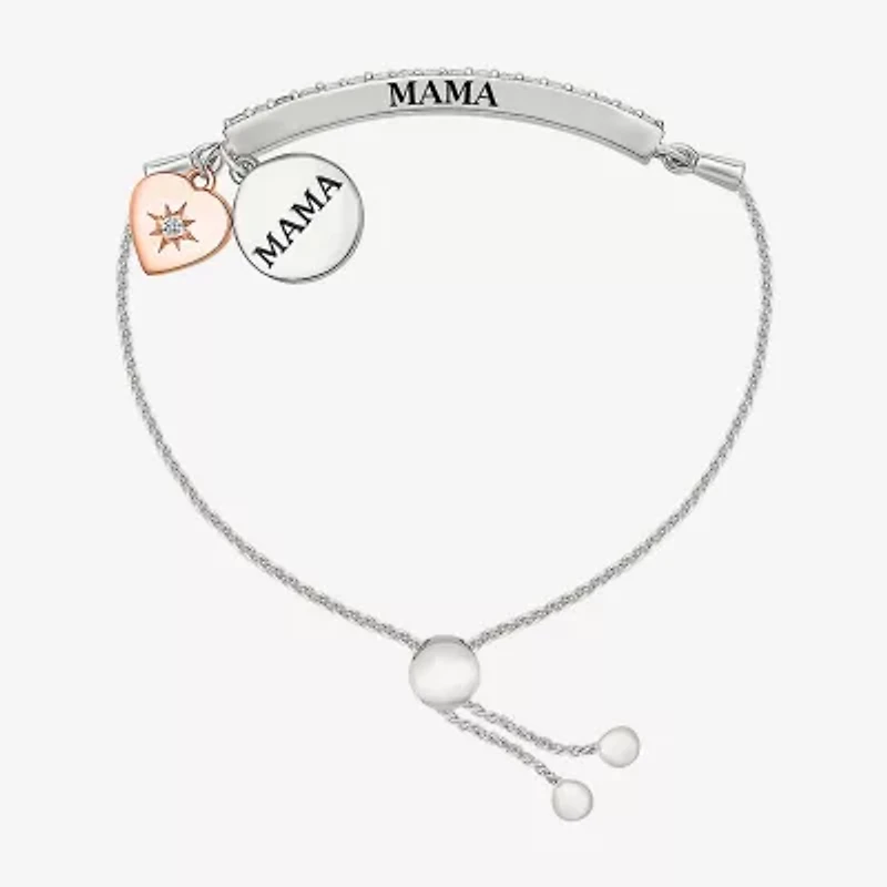 "Mama" Womens Lab Created White Sapphire 10K Rose Gold Sterling Silver Heart Bolo Bracelet