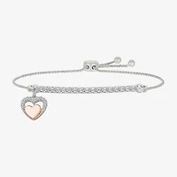 Womens Lab Created White Sapphire 10K Rose Gold Sterling Silver Heart Bolo Bracelet