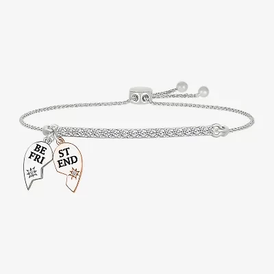 "Best Friend" Womens Lab Created White Sapphire 10K Rose Gold Sterling Silver Heart Bolo Bracelet