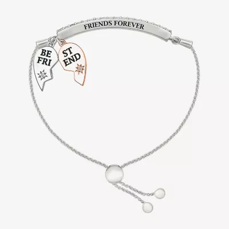 "Best Friend" Womens Lab Created White Sapphire 10K Rose Gold Sterling Silver Heart Bolo Bracelet
