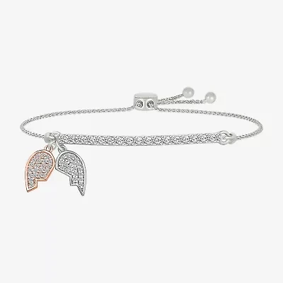 Womens Lab Created White Sapphire 10K Rose Gold Sterling Silver Heart Bolo Bracelet