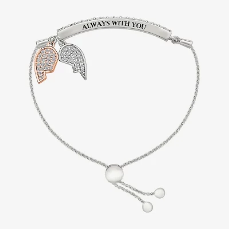Womens Lab Created White Sapphire 10K Rose Gold Sterling Silver Heart Bolo Bracelet