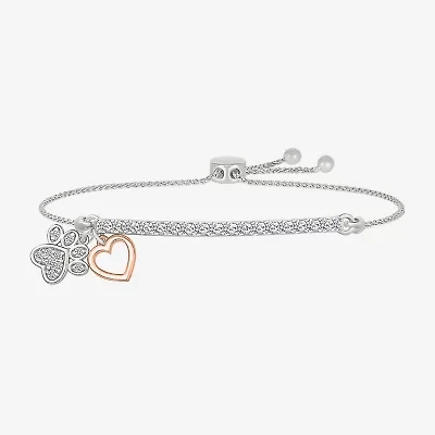 "Paw Print" Womens Lab Created White Sapphire 10K Rose Gold Sterling Silver Heart Bolo Bracelet