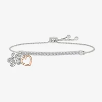 "Paw Print" Womens Lab Created White Sapphire 10K Rose Gold Sterling Silver Heart Bolo Bracelet